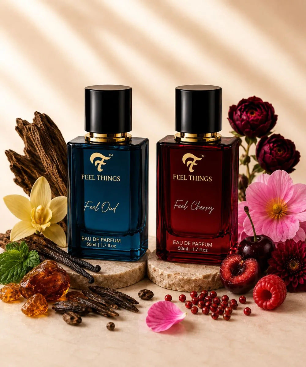 combo perfume set labeled 'Feel Things' feel oud and feel cherry with flowers and spices on a beige background