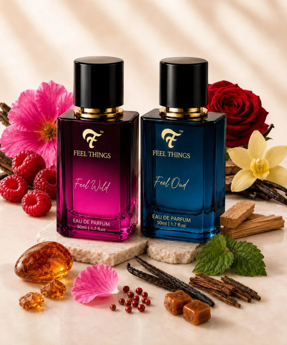 combo perfume set feel wild and feel oud bottles of 'Feel Things' perfume with floral and fruit elements fragrance ingredints