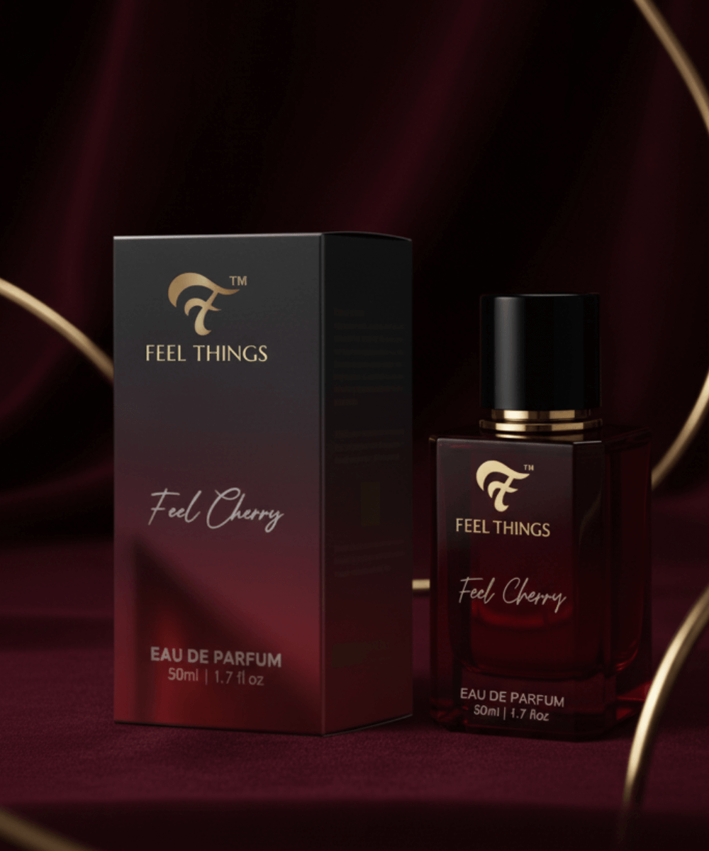 Feel Things Feel Cherry Eau de Parfum bottle and packaging on a dark background