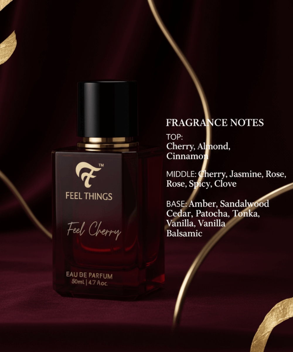 Feel Things feel cherry perfume  with fragrance notes on a dark background