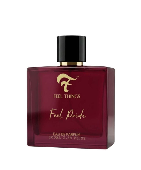 Feel Pride perfume bottle with black cap labeled 'Feel Things Feel Pride' on a white background