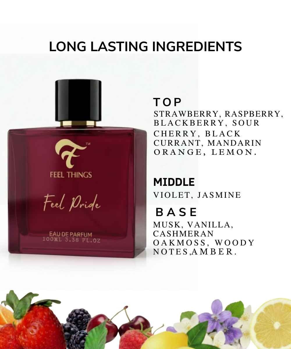 Feel pride Perfume bottle with flavor notes displayed on a white background