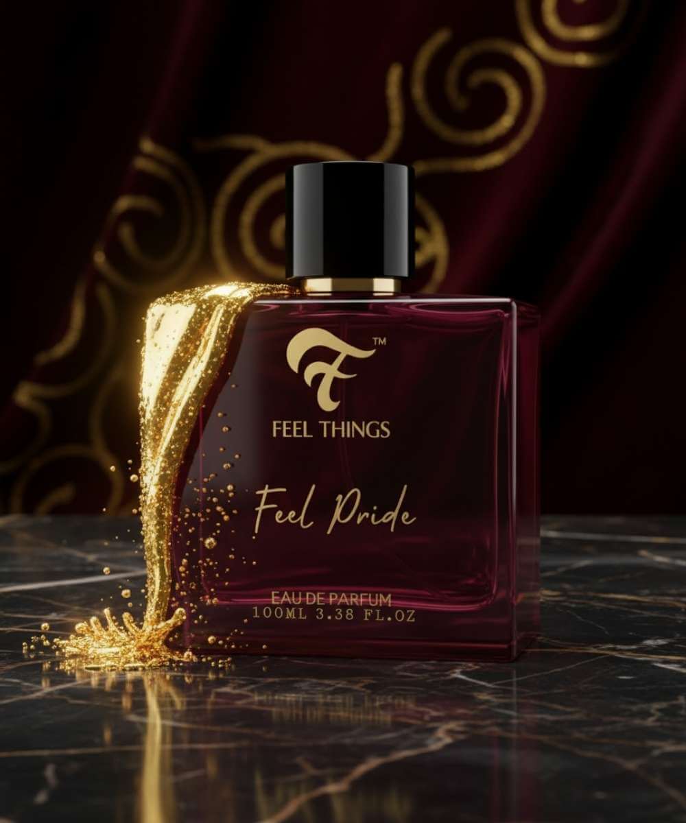 Feel Things Feel Pride perfume bottle with gold accents on a dark surface