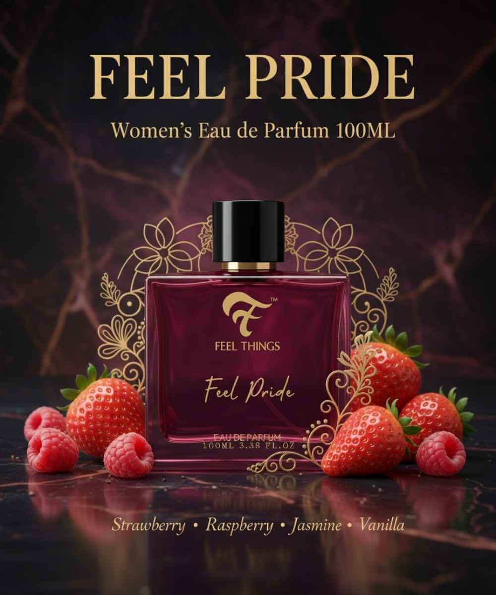 Perfume bottle with 'Feel Pride' branding surrounded by strawberries on a dark background