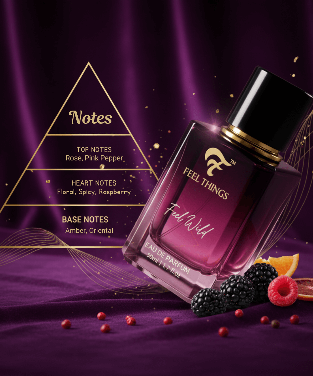 Feel wild Perfume bottle labeled 'Feel Things Feel Wild' on a dark background with decorative elements.