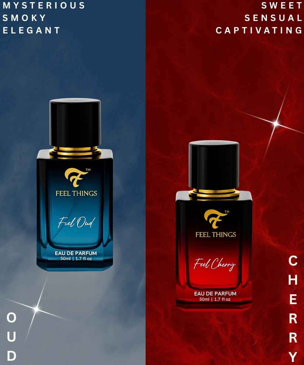 Two bottles of 'Feel Things' perfume, one blue and one red, on a split background with text descriptors.