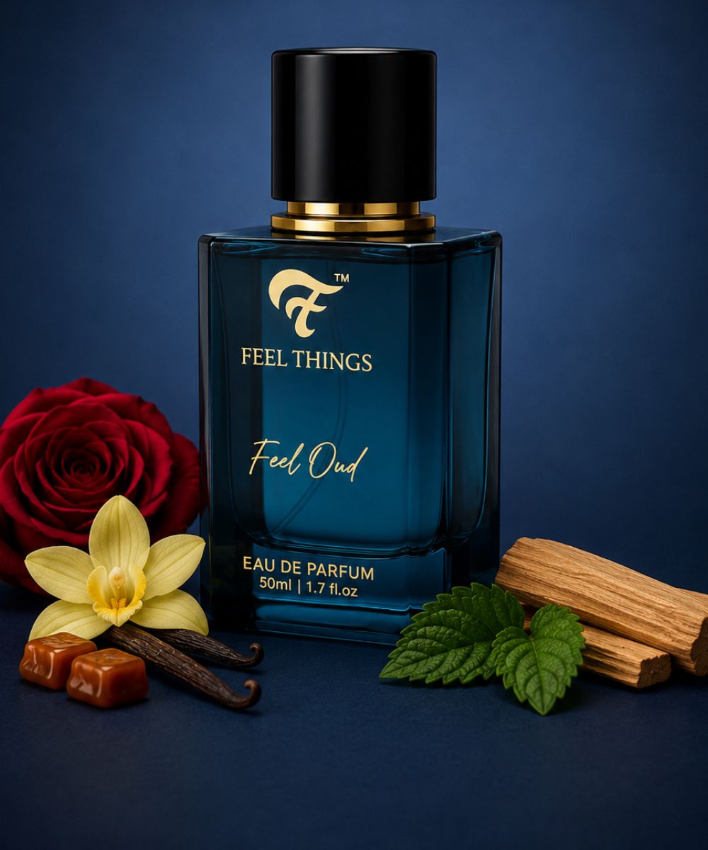feel Blue perfume bottle labeled 'Feel Things Feel Oud' with floral and spice elements on a dark blue backgroundud 