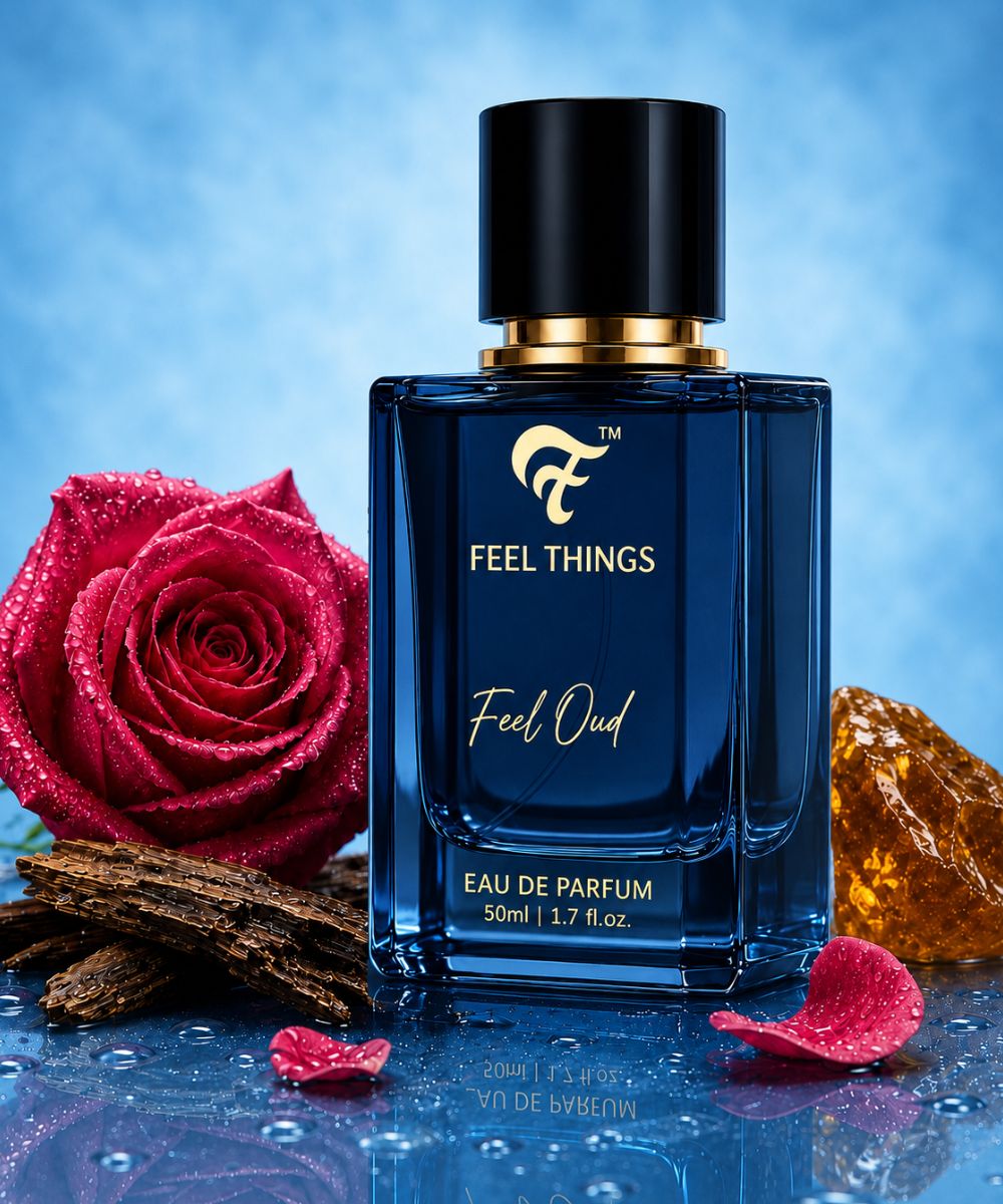  'Feel Things' feel oud with a red rose and spices on a blue background