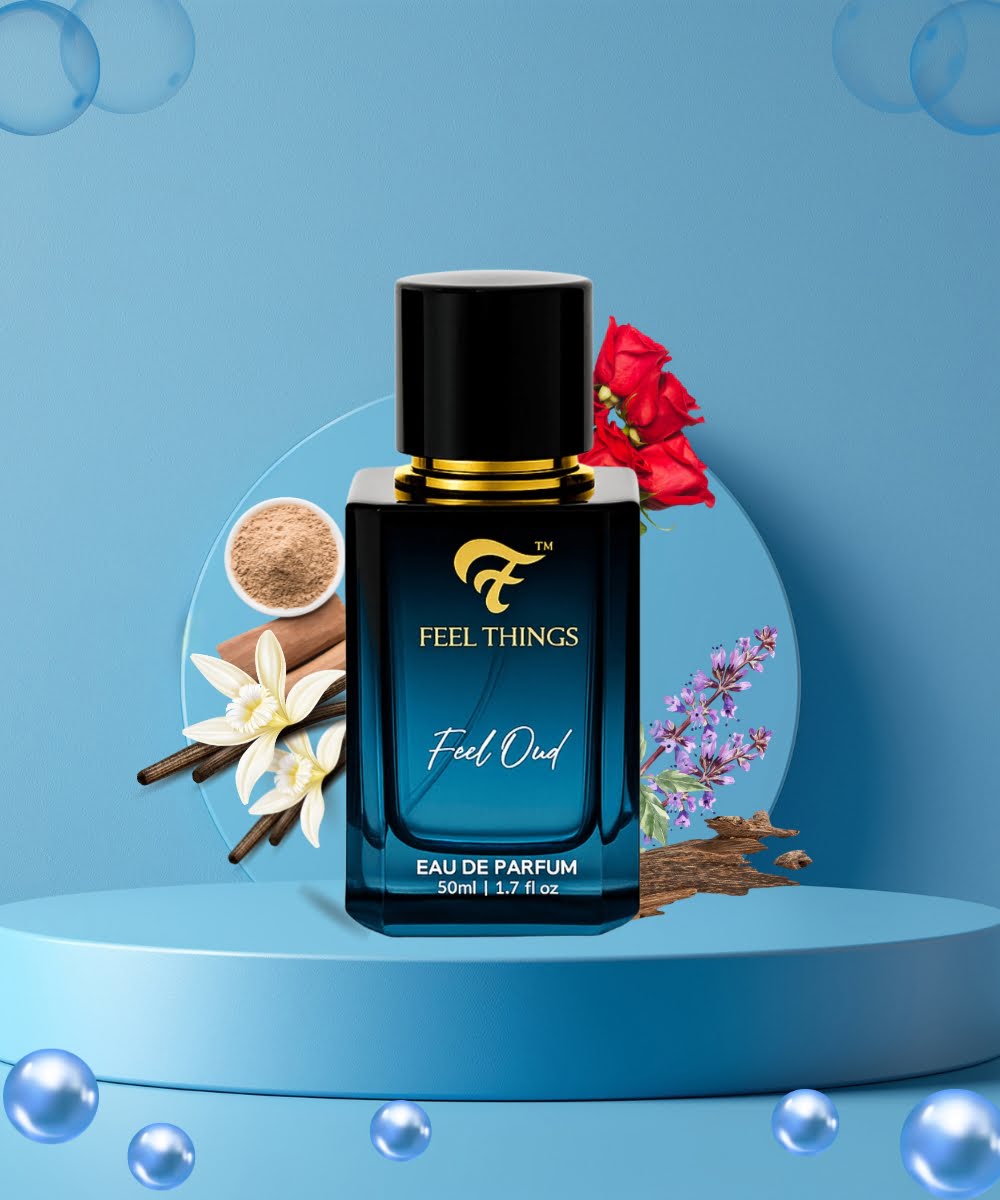 Feel Things Eau de Parfum bottle with woody,patchouli,rose and spice elements on a blue background
