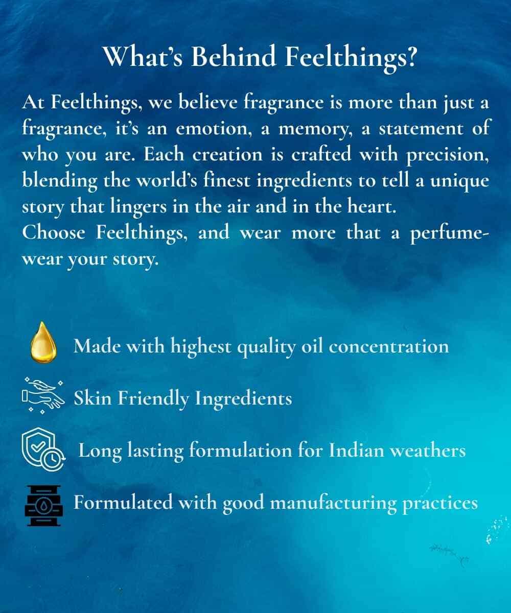 Promotional text about Feelthings fragrance on a blue background