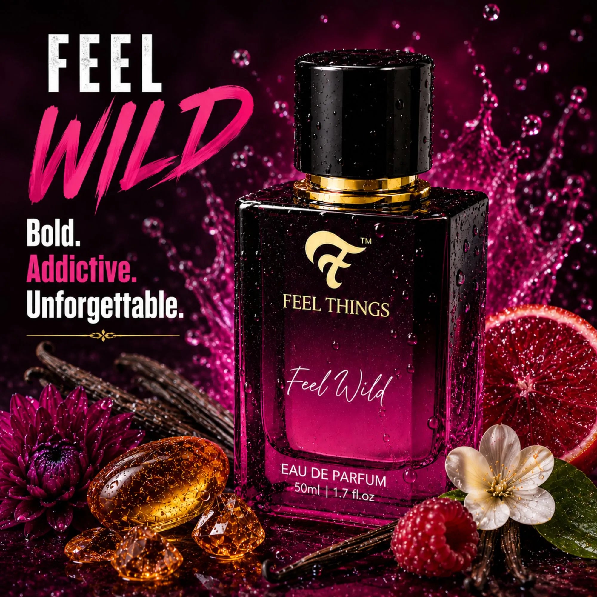 feel wild Perfume bottle labeled 'Feel Things' with 'Feel Wild' theme on a dark background with flowers and fruits.