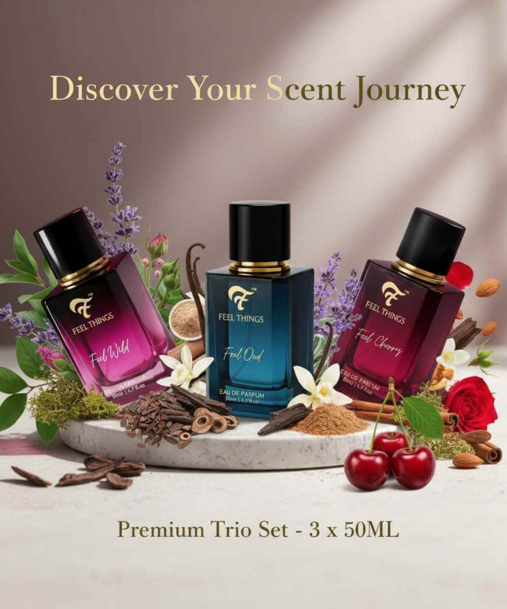 Feel things Trio perfume bottles on a decorative tray with flowers and spices, labeled 'Feel Things'.