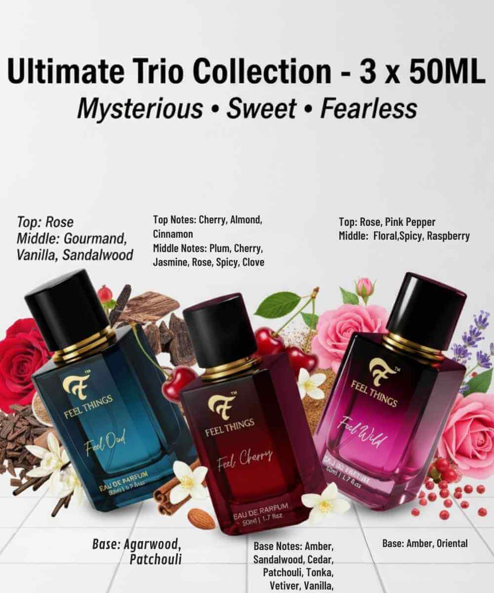 Trio perfume bottles with labels 'Feel Oud', 'Feel Wild', and 'Feel Cherry' on a floral background.