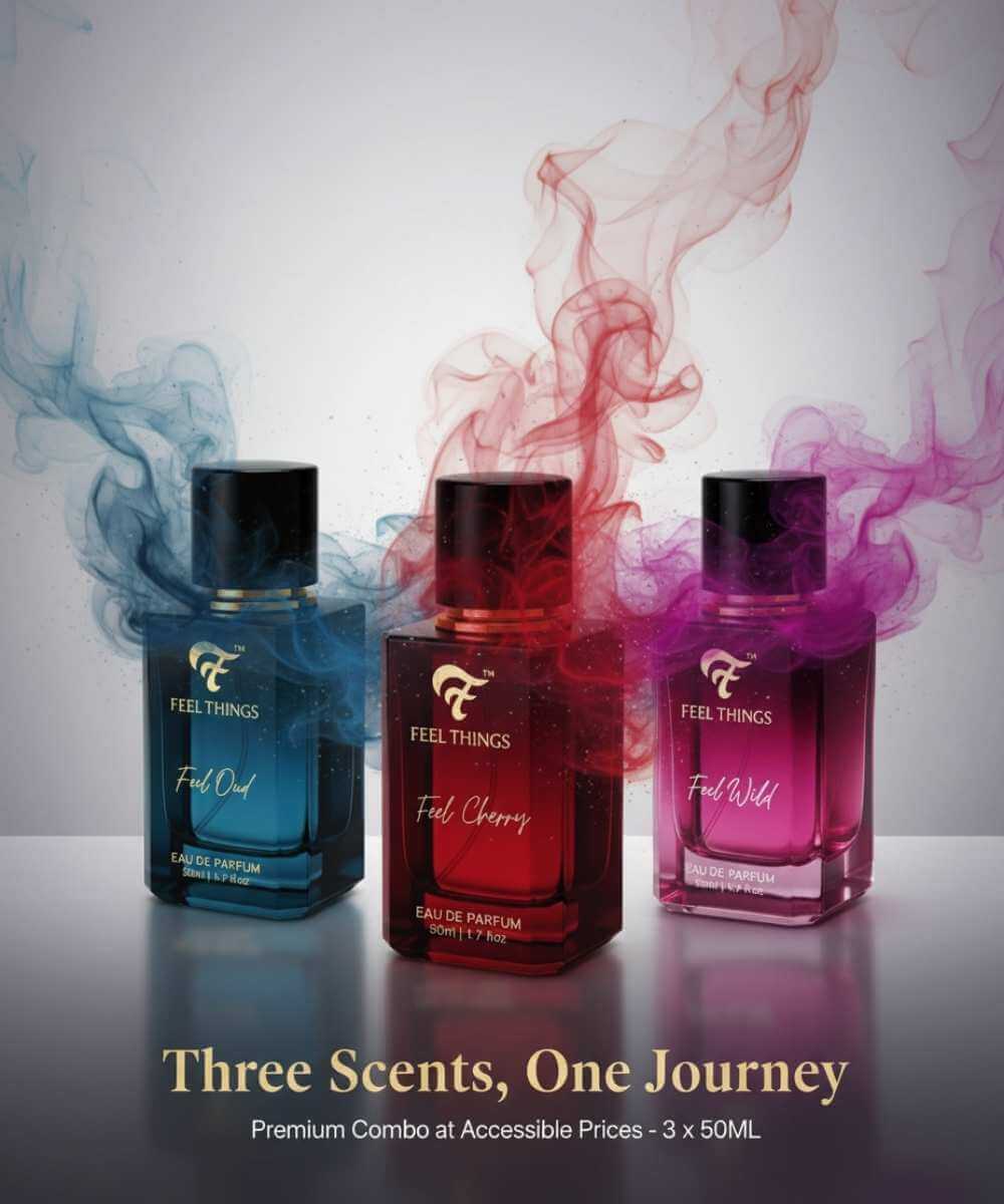 Trio perfume bottles with colored smoke and 'Feel Things' branding on a gray background.