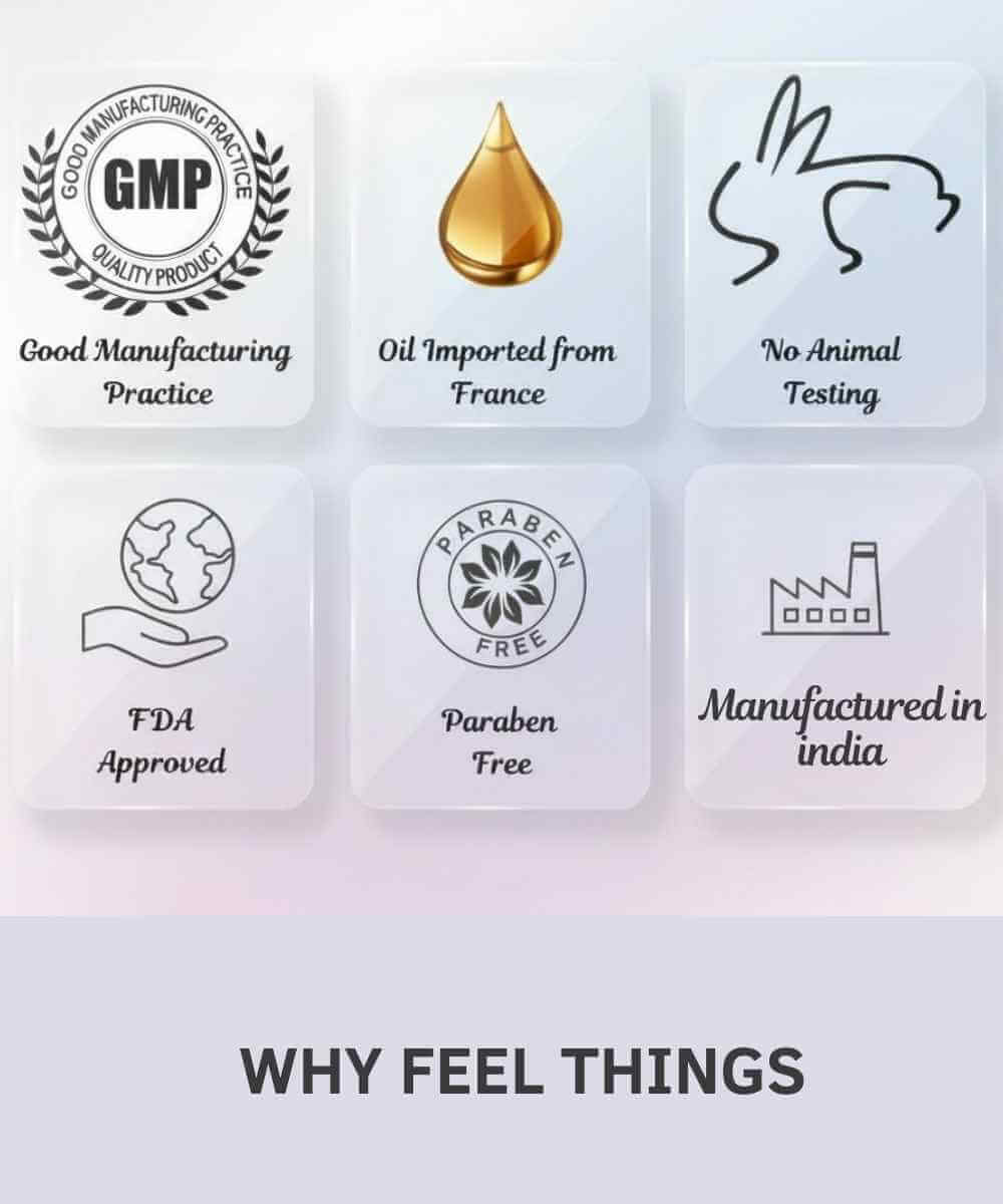 Collection of product certification icons on a light background with 'Why Feel Things' text.